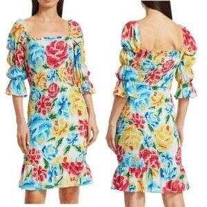 ALL THINGS MOCHI Mariana Shirred Silk Floral‎ Dress Size Small Silk Puff Sleeves